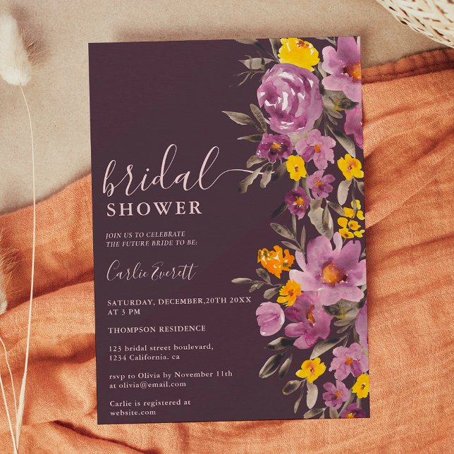 Fall Winter mörk lila blommigt möhippa Inbjudningar (Fall Winter dark purple floral bridal shower Invitation)