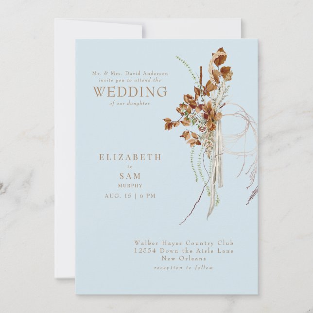 Fall Wispy Boho Himlar Blue Bride Parents Bröllop Inbjudningar (Framsida)
