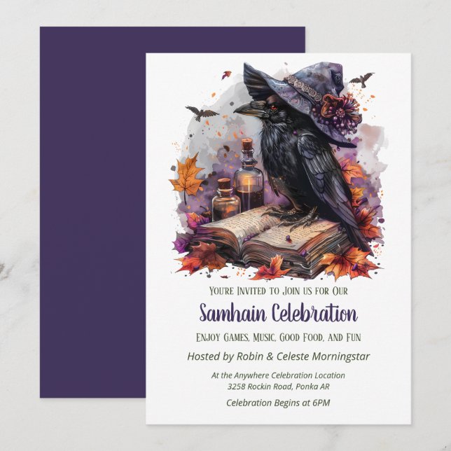 Fall Witch Raven Samhain Spooky Halloween Party Inbjudningar (Fram/baksida)