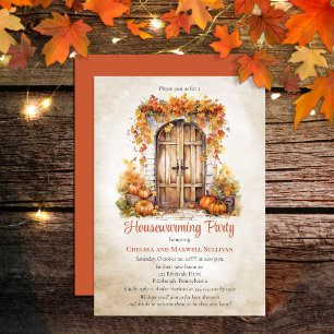 Fall Wood Door Löv Pumpkins Houseuppvärmning Party Inbjudningar