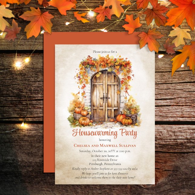 Fall Wood Door Löv Pumpkins Houseuppvärmning Party Inbjudningar (Warm, cozy vibes is what this design is all about -- create the perfect Housewarming for Fall!)