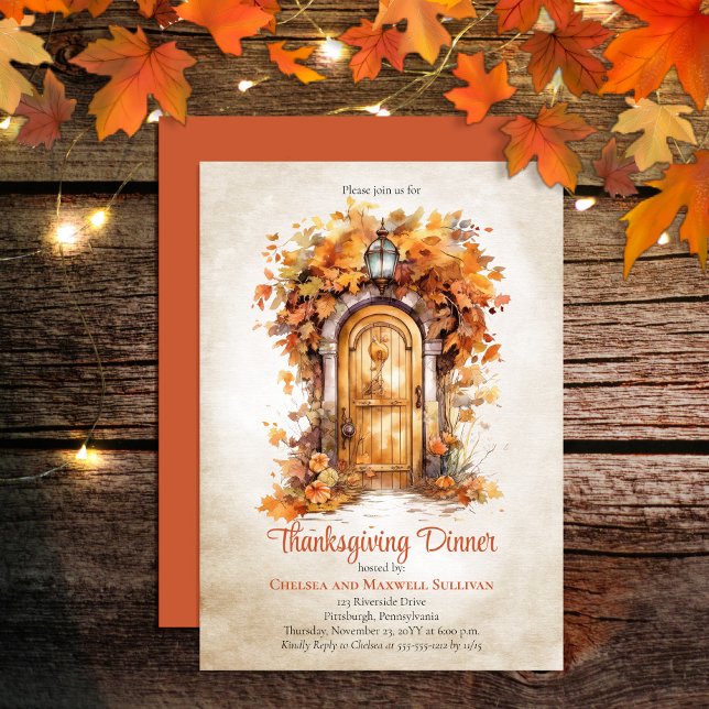 Fall Wood Door Löv Thanksgiving Dinner Party Inbjudningar (Celebrate your Thanksgiving gathering in style with this rustic elegance leaves arched door design!)