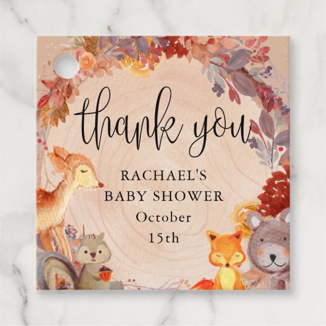 Fall Woodland Animals Baby Shower Tack Gåvor Etiketter (Framsida)