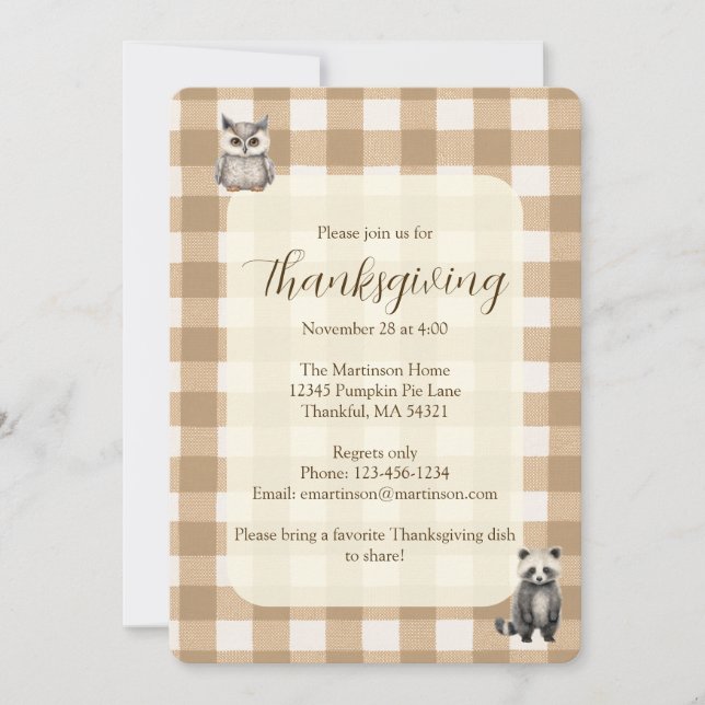 Fall Woodland Animals Brown Gingham Thanksgiving Inbjudningar (Framsida)
