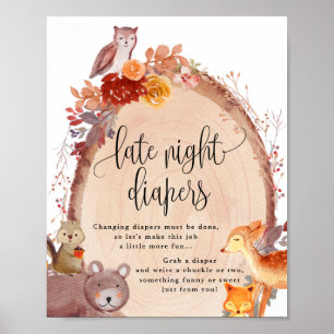 Fall Woodland Animals Late Night Diaper Sign Poster