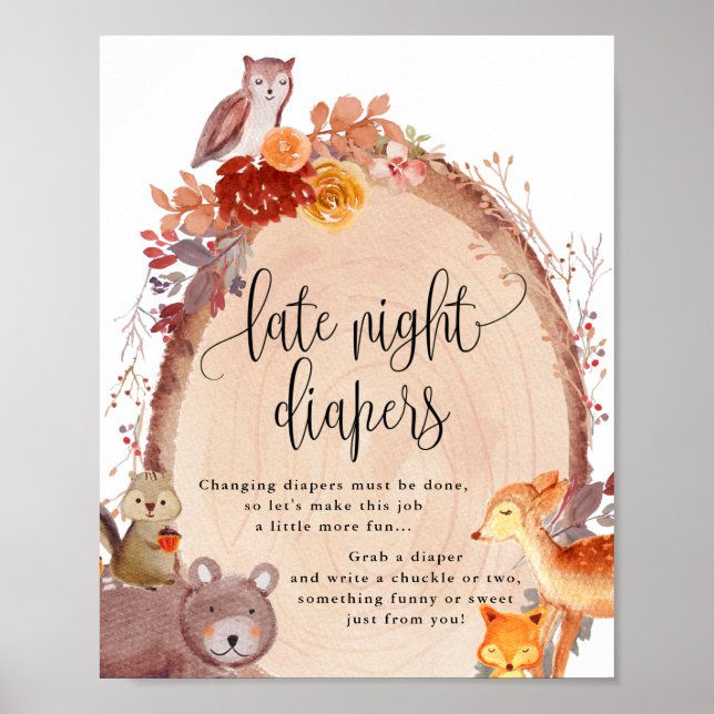 Fall Woodland Animals Late Night Diaper Sign Poster (Framsidan)
