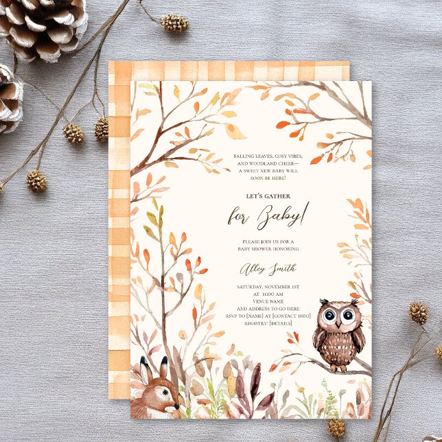 Fall Woodland Animals Rustic Uggla Baby Shower Inbjudningar (Skapare uppladdad)