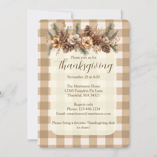 Fall Woodland Botanical Brown Gingham Thanksgiving Inbjudningar (Framsida)