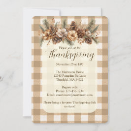 Fall Woodland Botanical Brown Gingham Thanksgiving Inbjudningar