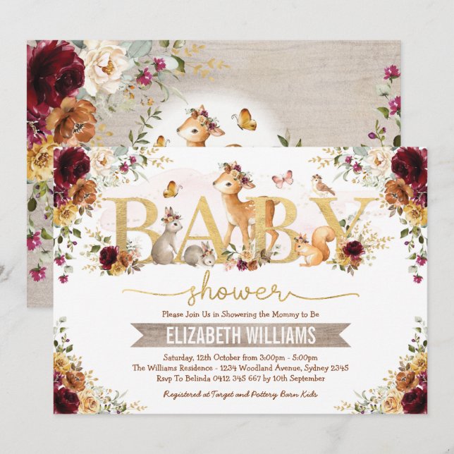 Fall Woodland Orange Burgundy Blommigt Baby Shower Inbjudningar (Fram/baksida)