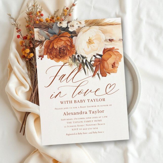 Falla för Boho Pampas Rost Blommig Baby Shower Inbjudningar (fall baby shower invitation floral burnt orange beige calligraphy terracotta elegant modern)