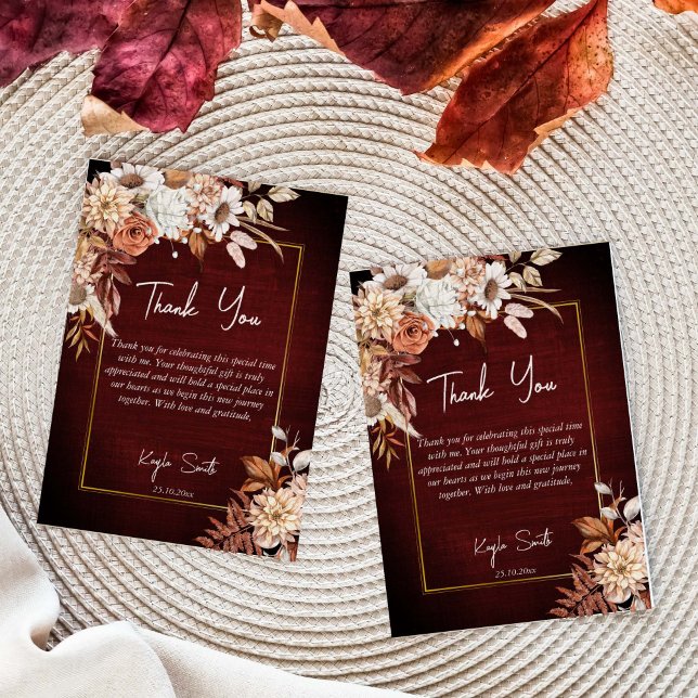 Falla för boho torkade bruna rosor bröllopsdusch tack kort (Boho dry flowers autumn fall in love bridal shower thank you cards burgundy brown background floral)