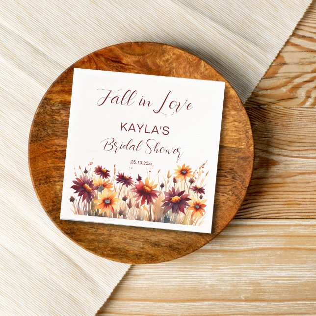 Falla för burgunderorange dahlias bröllopsdusch pappersservett (Fall in love bridal shower tableware personalized napkins autumn blooms burgundy dahlia sunflowers)