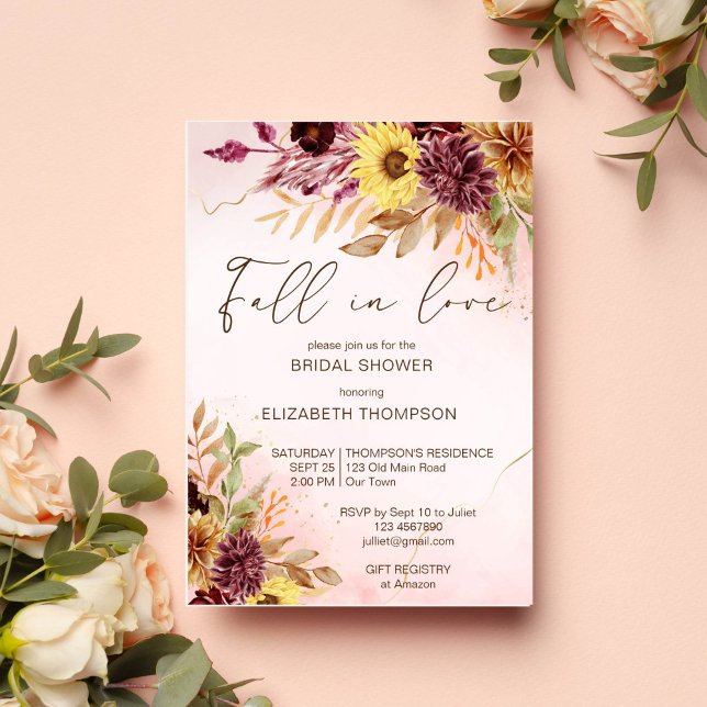 Falla för hösten bröllopsdusch inbjudan (Fall in love autumn bridal shower yellow brown foliage sunflowers watercolor invitation template)
