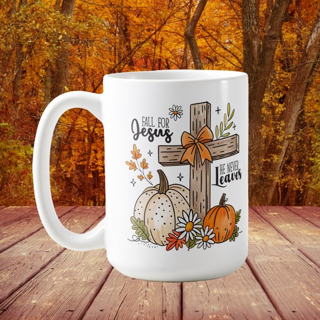 Falla för Jesus höst kristen kors  Kaffemugg ("Fall for Jesus, He never leaves" Christian cross and pumpkins autumn/Thanksgiving mug)