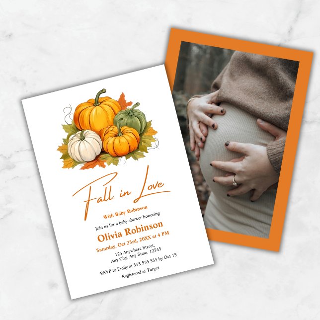 Falla för Könsneutral Pumpa Bebis Shower Inbjudningar (Photo Fall in Love Gender Neutral Pumpkin Baby Shower Invitation )