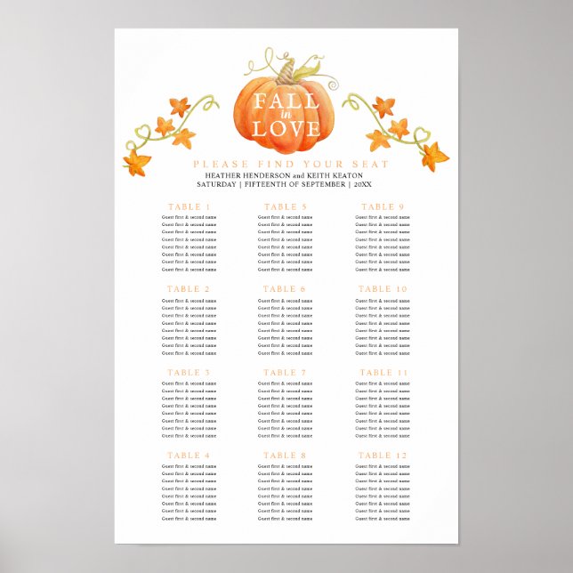 Falla för pumpa 12 bröllopsbord plan poster (Framsidan)