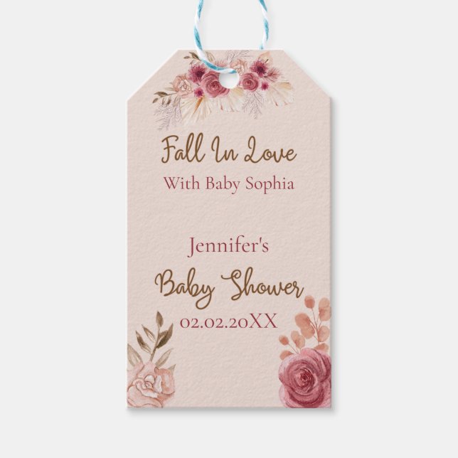 Falla för rustika rosa blommor Baby Shower  Presentetikett (Framsidan)