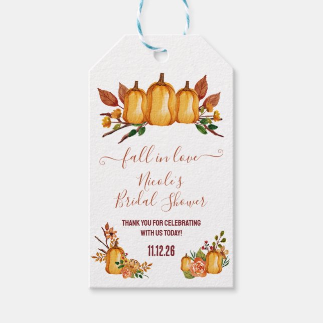 Falla i kärlek, orange pumpa, blomsterbröllopsfest presentetikett (Framsidan)