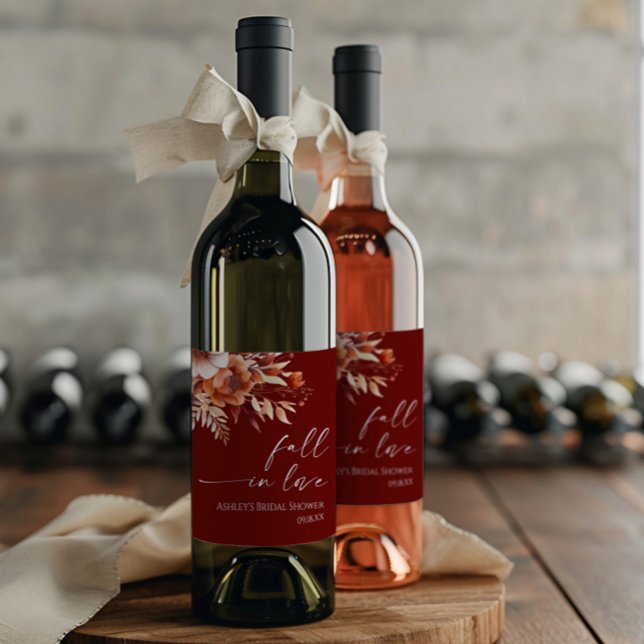 Falla i kärlek Rostbrun Blommande Bröllopsfest Vinflaska Etikett (Skapare uppladdad)
