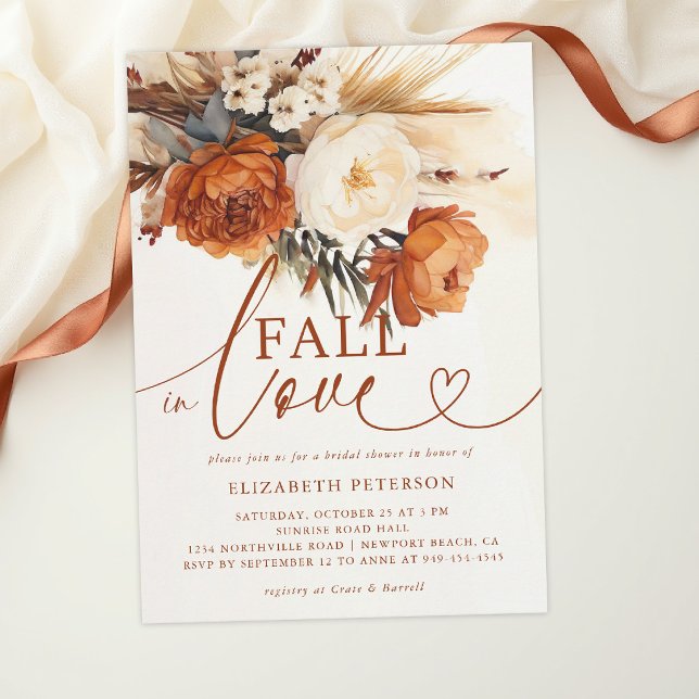 Falla i kärlek Terrakotta Pampas Boho Bröllopsdusc Inbjudningar (fall in love bridal shower theme invitation card template terracotta copper boho pampas elegant chic)