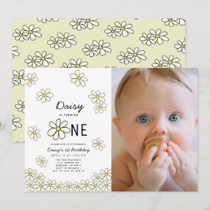 Fallande Daisy Vit Blommigt Foto 1:a födelsedag Inbjudningar