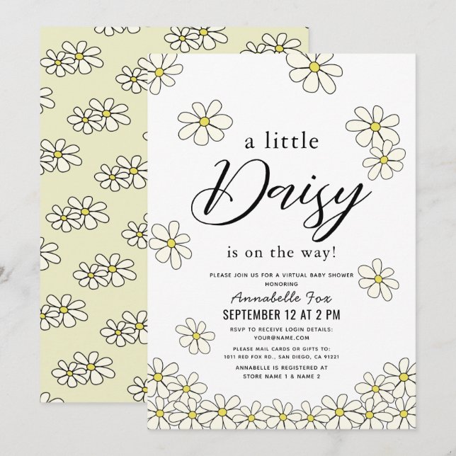 Fallande Daisy Vit Blommigt Virtuell babyskiss Inbjudningar (Fram/baksida)