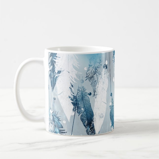 Fallande fjädrar: Blå vattenfärg Sömlös Kaffemugg (Vänster)