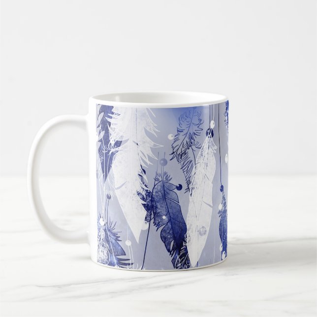 Fallande fjädrar: vattenfärgsblått mönster. kaffemugg (Vänster)