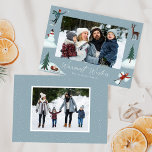 Fallande foto från Snö Whimsical Winter Scene 2 Julkort<br><div class="desc">Ett sött helgdag-kort med vågräts foto omgivet av illustrationer av en person som kastar en snöboll, en snögubbe, gräs träd, en hjort, en sled med presenter och en person som skapar en snö ängel. "varmaste Önskemål" visas i ett vitt, handskript med familjen namn som visas nedan. Kortets baksida visningar ytterligare...</div>