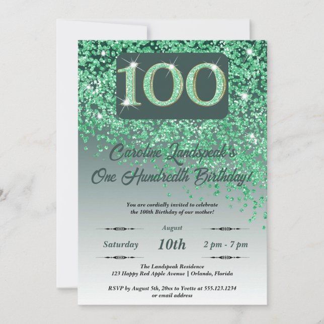 Fallande Grönt Glitter 100:e Födelsedagsfesten Inbjudningar (Framsida)