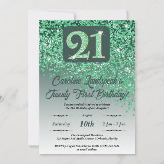 Fallande Grönt Glitter 21:a födelsedagen Party Inbjudningar