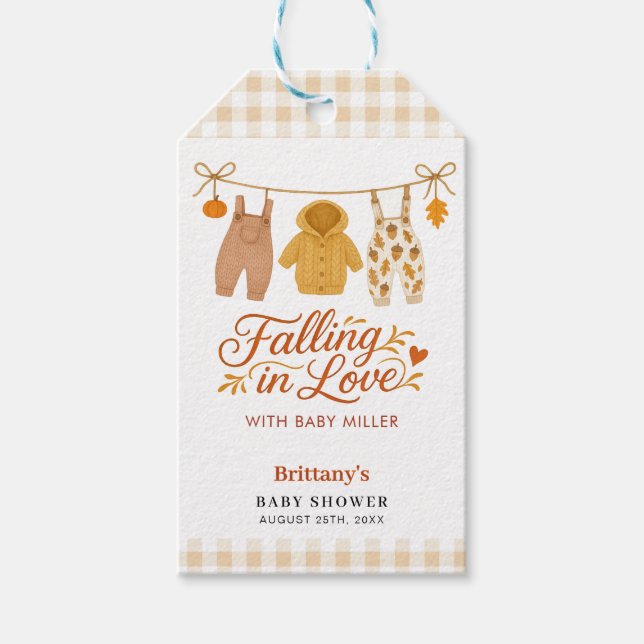Fallande i Barnkläderna Baby Shower på hösten i Kä Presentetikett (Framsidan)