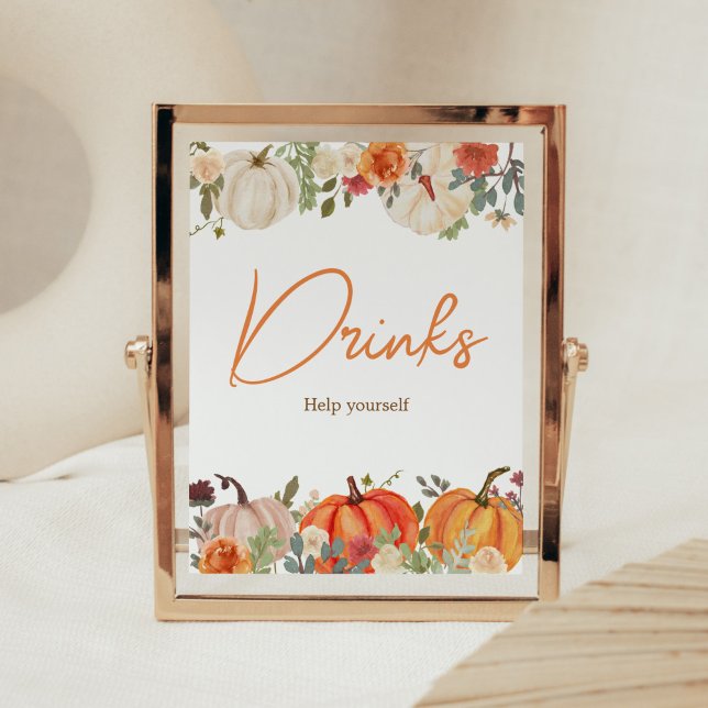 Fallande i Kärlek Blommigt Pumpkin Drinks Baby Sho Poster (Fall Floral Pumpkin Baby Shower Drinks Sign)