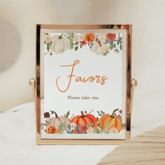 Fallande i Kärlek Blommigt Pumpkin Favoriter Babyk Poster (Fall Floral Pumpkin Baby Shower Favors Sign)