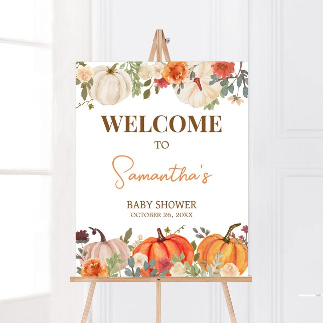 Fallande i Kärlek Blommigt Pumpkin Välkomstbabysko Poster (Fall Floral Pumpkin Baby Shower Welcome Sign)