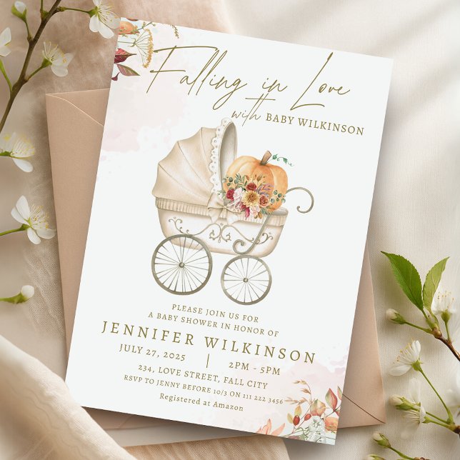 Fallande i Kärlek Fall Baby Shower Pumpkin Barnvag Inbjudningar (Falling in Love Fall Baby Shower Pumpkin Stroller Invitation)
