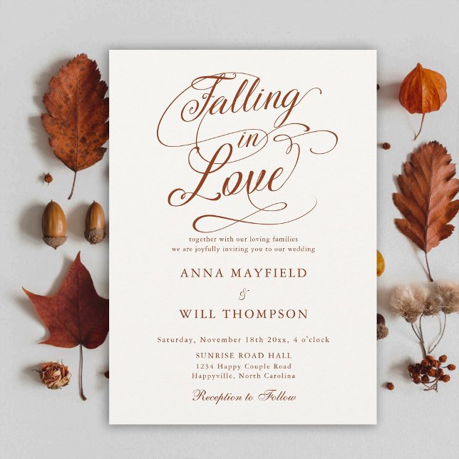 Fallande Kärlek Boho Romantic Calligraphy Bröllop Inbjudningar (falling in love wedding invitation terracotta romantic calligraphy elegant boho modern classic chic)