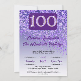 Fallande Lila Glitter 100:e Födelsedagsfesten Inbjudningar