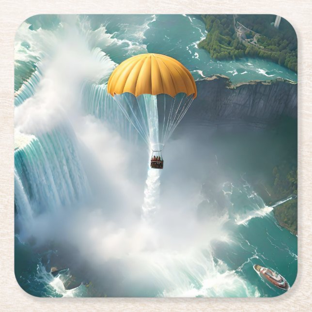 Fallande över Niagara Falls i A Basket. Underlägg Papper Kvadrat (Framsidan)
