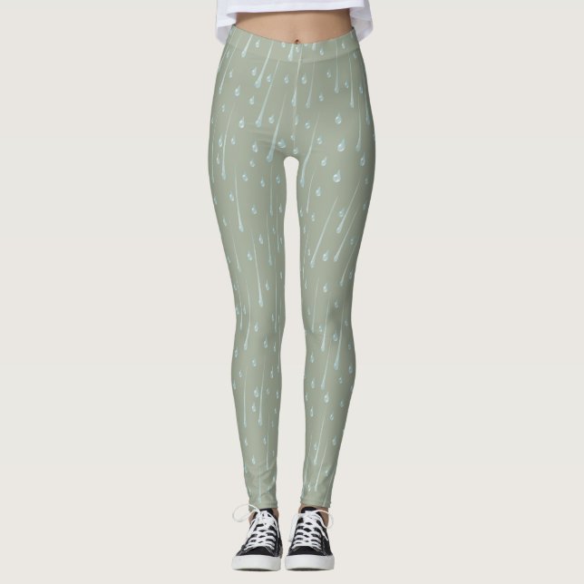 Fallande regndroppar Söt regnig dag Olivgrön Leggings (Framsida)