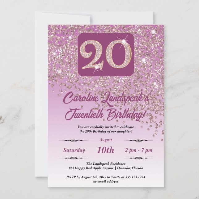 Fallande Ro Guld Glitter 20:e Födelsedagsfesten Inbjudningar (Framsida)