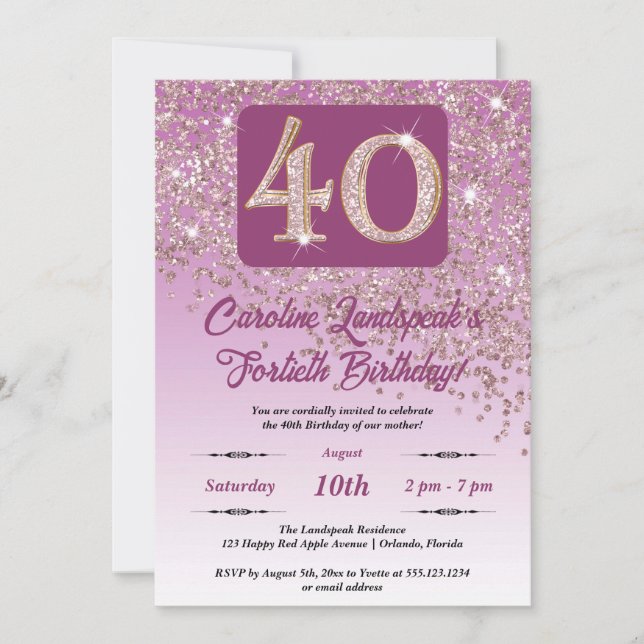 Fallande Ro Guld Glitter, 40:e födelsedagen Party Inbjudningar (Framsida)