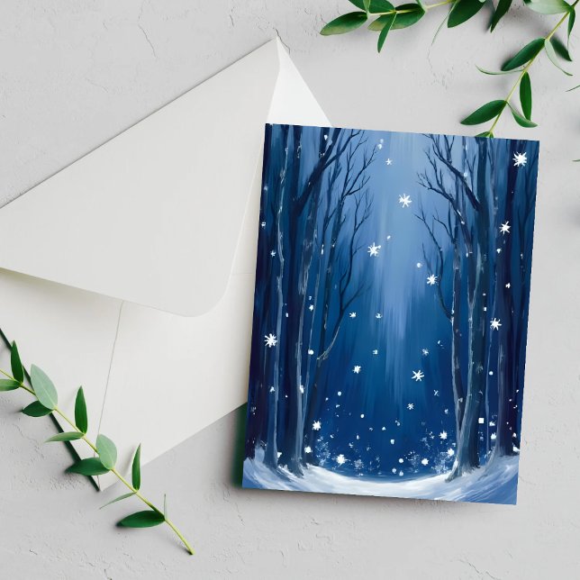 Fallande Snö Blå Vinter Skog Akvarell Kort (Skapare uppladdad)