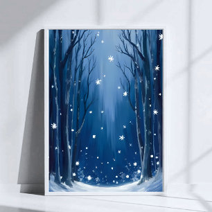 Fallande Snö Blå Vinter Skog Vattenfärg Målad Poster