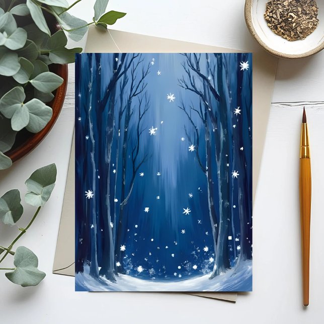 Fallande snö Blå vinter skog Vattenfärg målning Vykort (Skapare uppladdad)