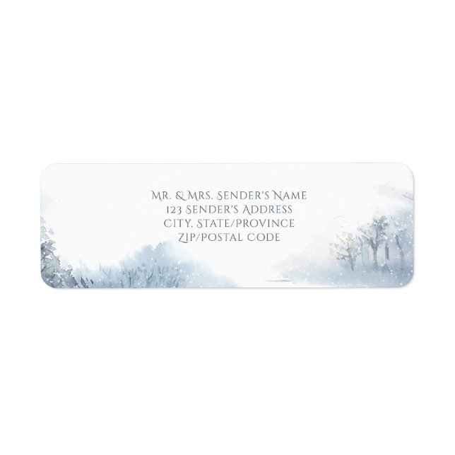 Fallande Snö Blue och White Bröllop Returadress Etikett (Framsidan)