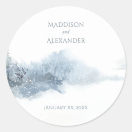 Fallande Snö Blue och White Bröllop Runt Klistermärke