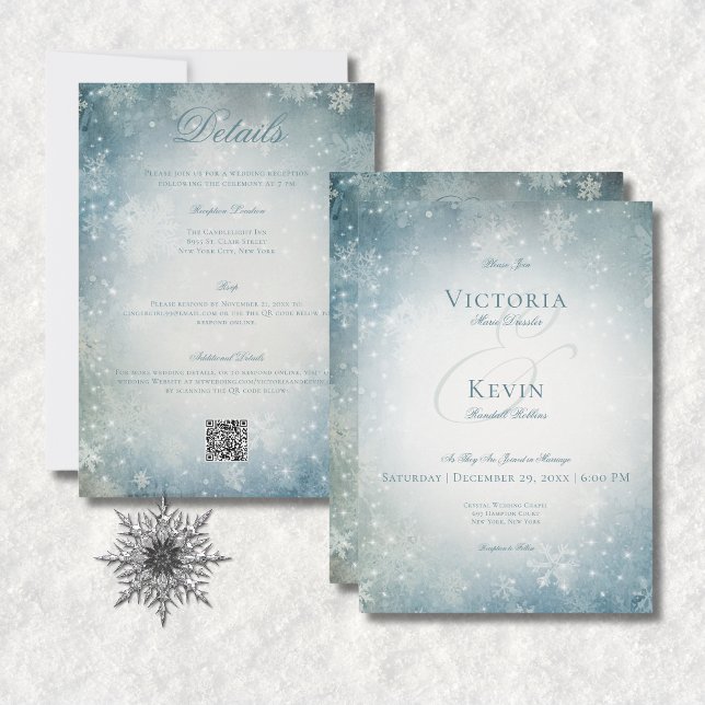 Fallande Snö Blue & White-Gnistra, två sidokörning Inbjudningar (Falling Snow Blue & White Sparkle All In One Invitation)