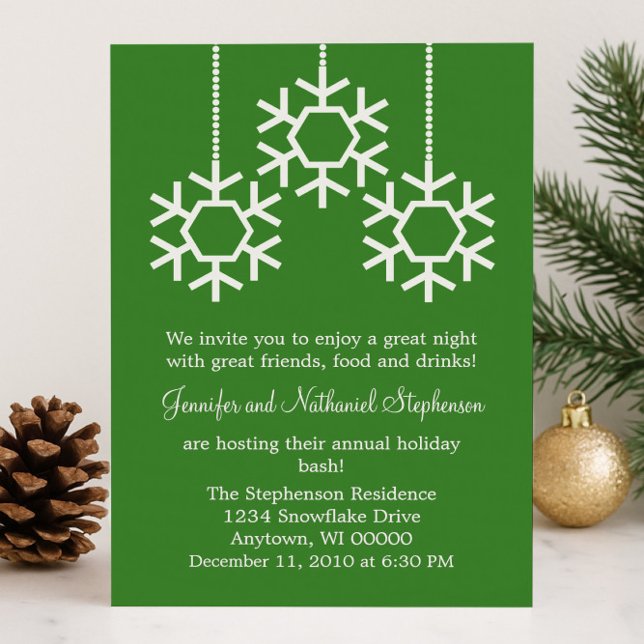 Fallande Snöflingor Julfest, Grönt Inbjudningar (Green Falling Snowflakes Holiday Party Invitation)